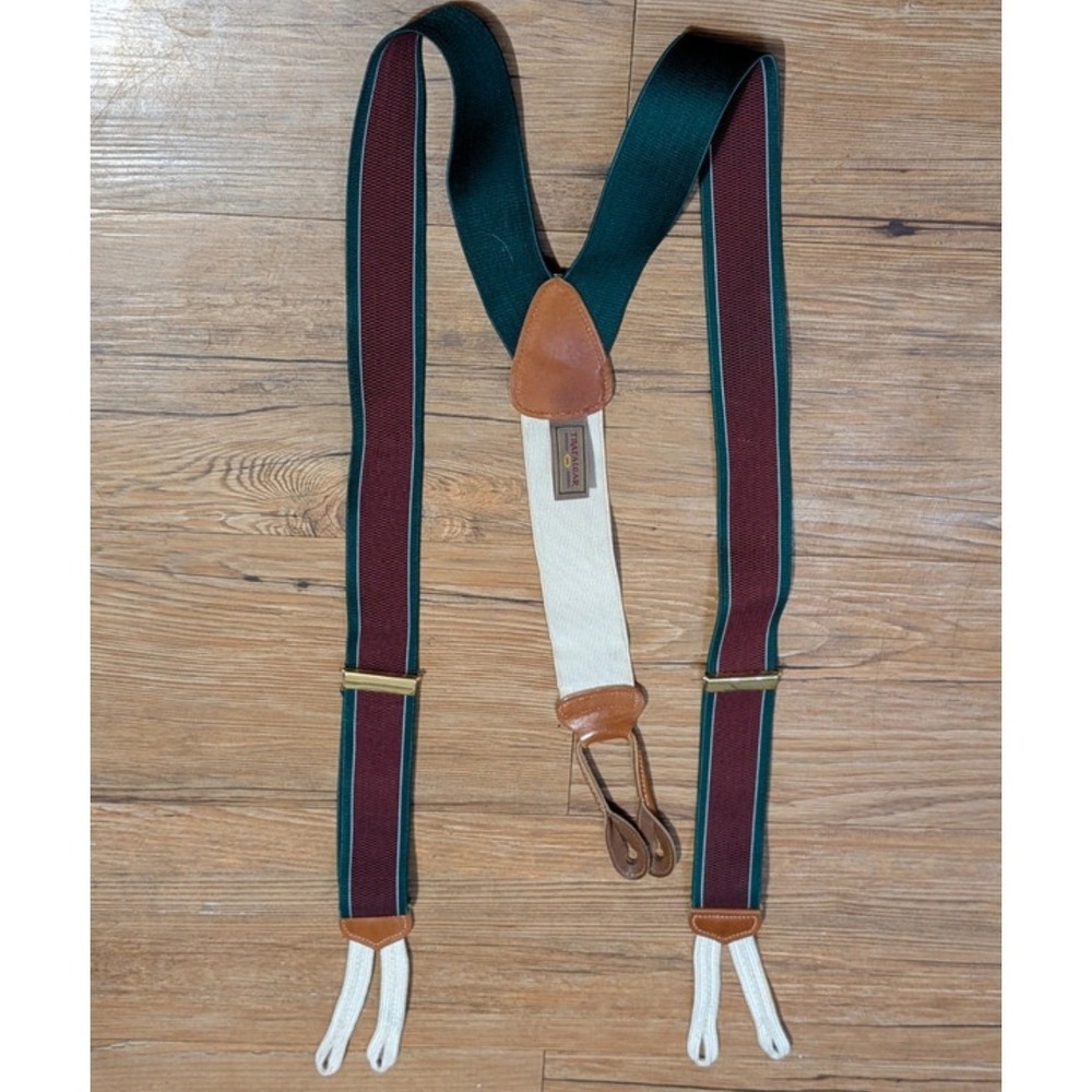 Trafalgar Mens Suspenders Striped Hunter Green Burgundy Button End Braces Y-Back - Picture 1 of 7